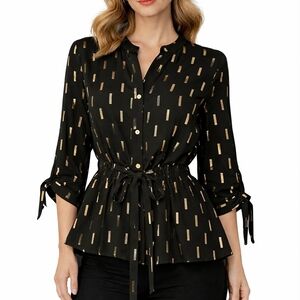 SWEET RAIN Metallic Gold Geometric Tie-Waist Peplum Button Down Holiday Shirt